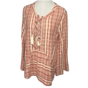 Tassels N Lace Coral & Ivory Lace up Tassel Tie Long Sleeve Tunic Size Large
